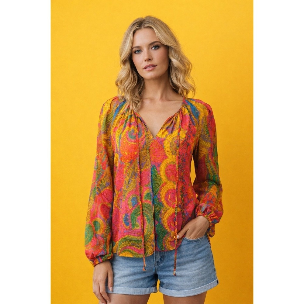 Julie Brown New York Boho Blouse Paisley Print Sheer Top Size P NWOT